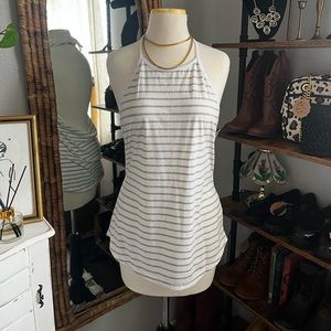 Tank Top, Neck Tie/Open Back, Gray and White Stripe (Size L)